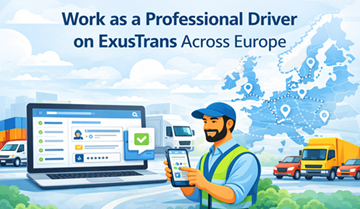 Chauffeur routier professionnel utilisant les plateformes mobile et web ExusTrans pour gérer des missions de transport, des véhicules et des livraisons à travers l’Europe