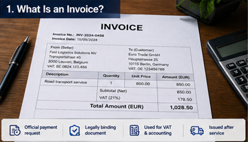 Document de facture de transport officiel montrant la demande de paiement, la TVA et les détails du fret